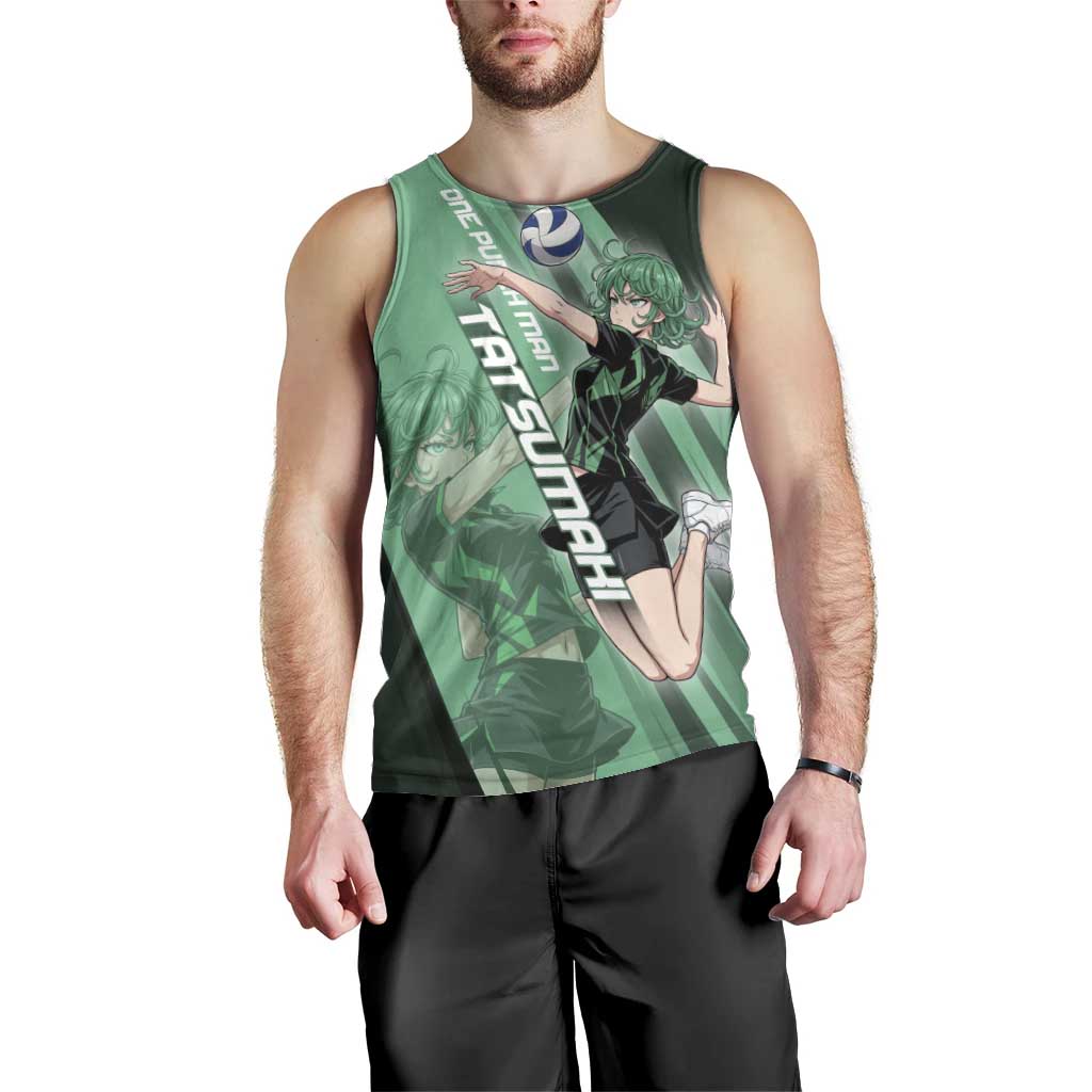 Personalized Tatsumaki Volleyball Design Men Tank Top with Green Athletic Theme and Energetic Action Pose