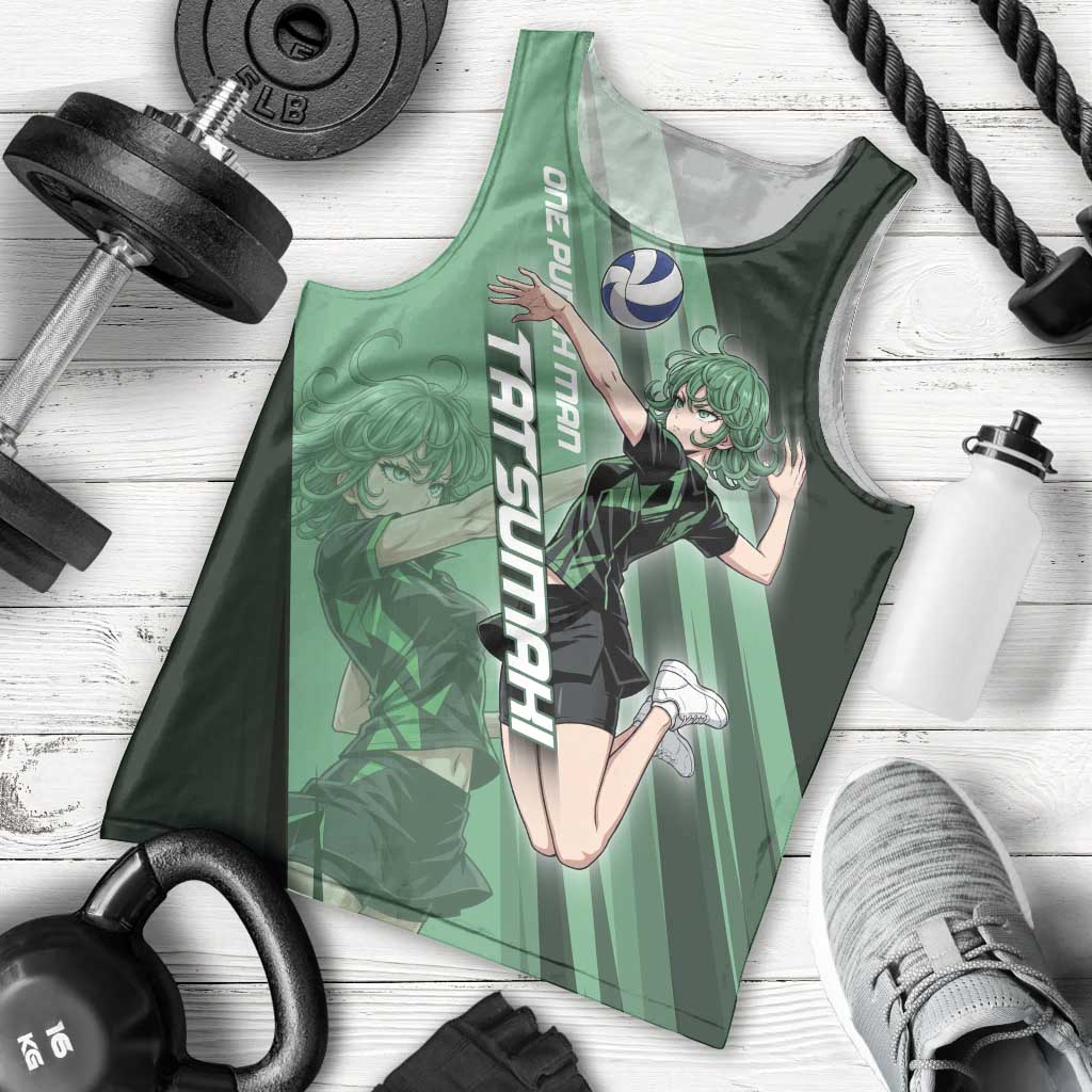 Personalized Tatsumaki Volleyball Design Men Tank Top with Green Athletic Theme and Energetic Action Pose