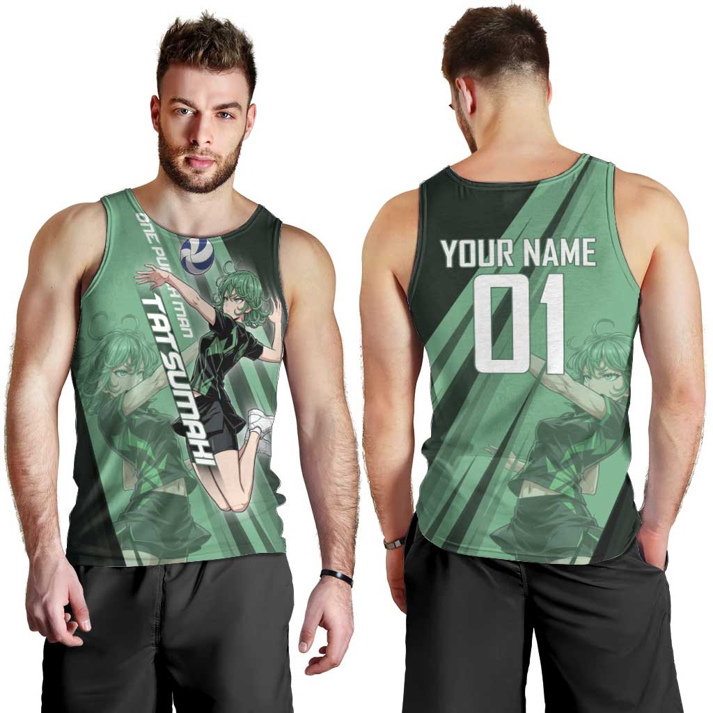 Personalized Tatsumaki Volleyball Design Men Tank Top with Green Athletic Theme and Energetic Action Pose