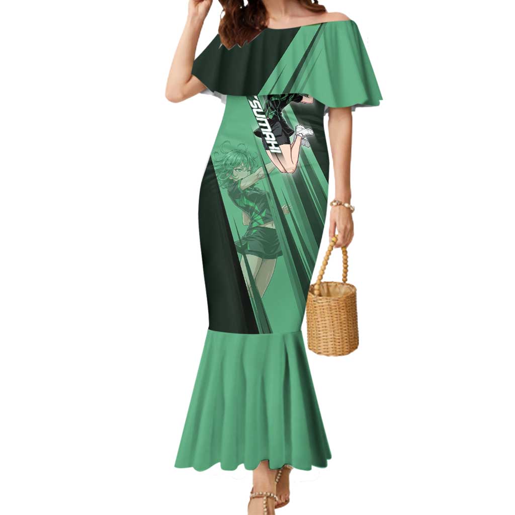 Personalized Tatsumaki Volleyball Design Mermaid Dress with Green Athletic Theme and Energetic Action Pose