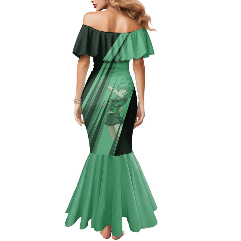 Personalized Tatsumaki Volleyball Design Mermaid Dress with Green Athletic Theme and Energetic Action Pose