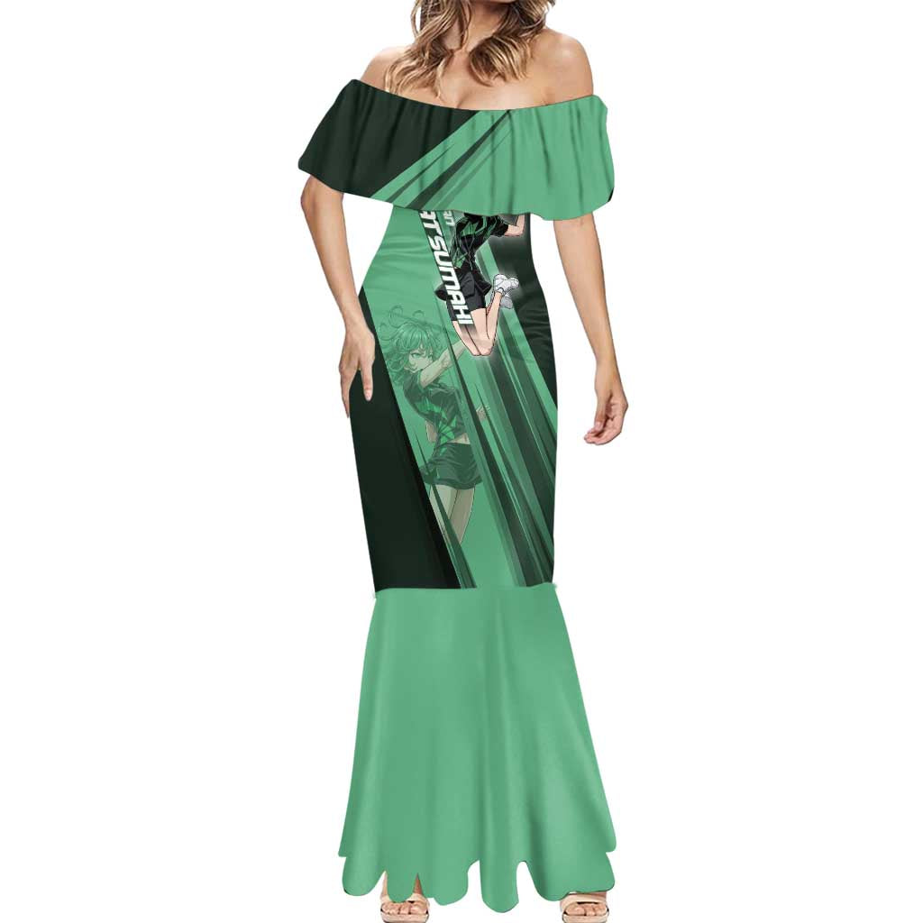 Personalized Tatsumaki Volleyball Design Mermaid Dress with Green Athletic Theme and Energetic Action Pose