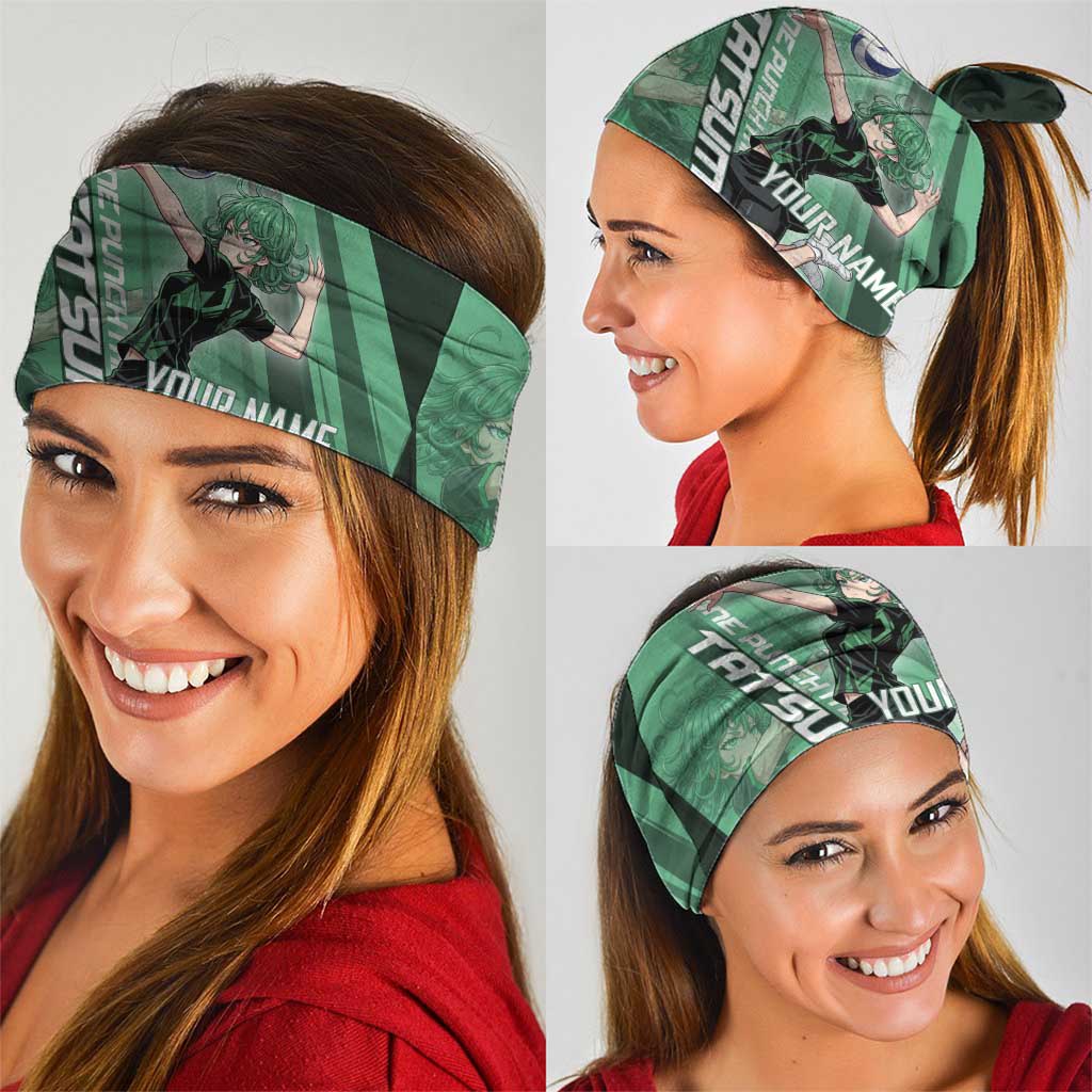 Personalized Tatsumaki Volleyball Design Neck Gaiter with Green Athletic Theme and Energetic Action Pose