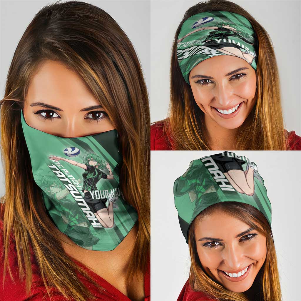Personalized Tatsumaki Volleyball Design Neck Gaiter with Green Athletic Theme and Energetic Action Pose