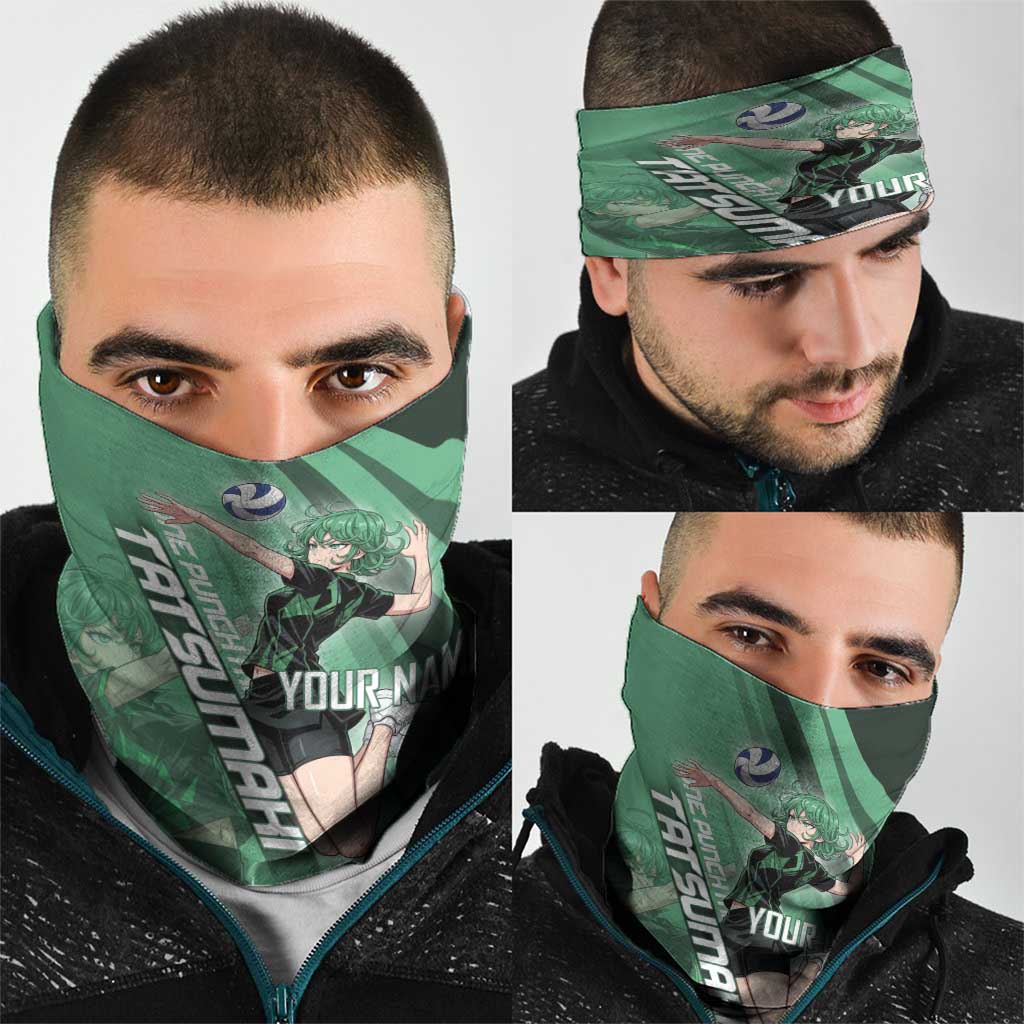 Personalized Tatsumaki Volleyball Design Neck Gaiter with Green Athletic Theme and Energetic Action Pose