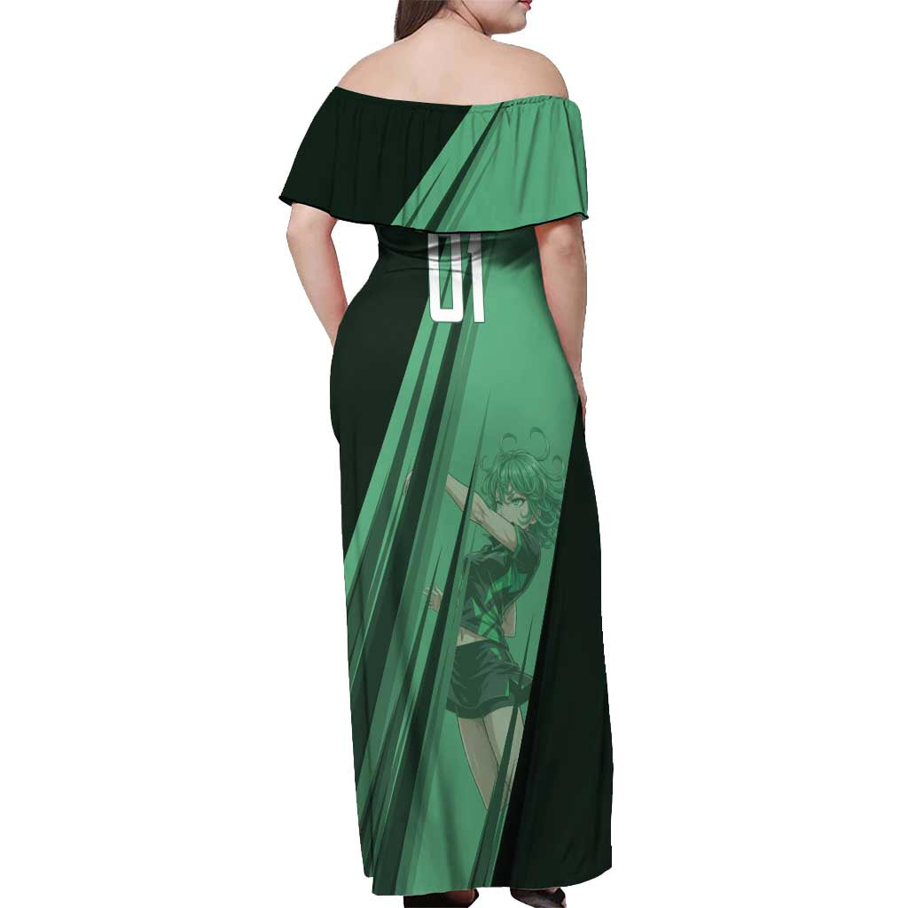 Personalized Tatsumaki Volleyball Design Off Shoulder Maxi Dress with Green Athletic Theme and Energetic Action Pose