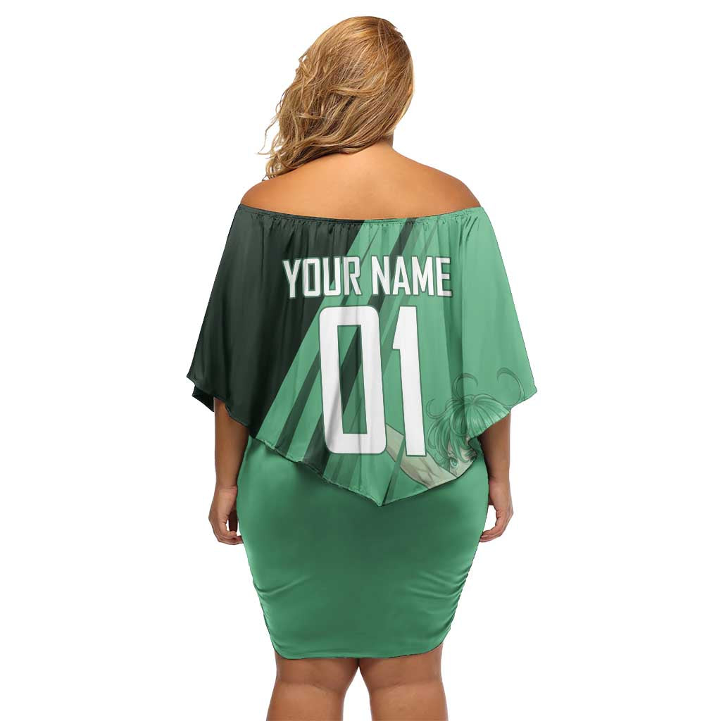Personalized Tatsumaki Volleyball Design Off Shoulder Short Dress with Green Athletic Theme and Energetic Action Pose