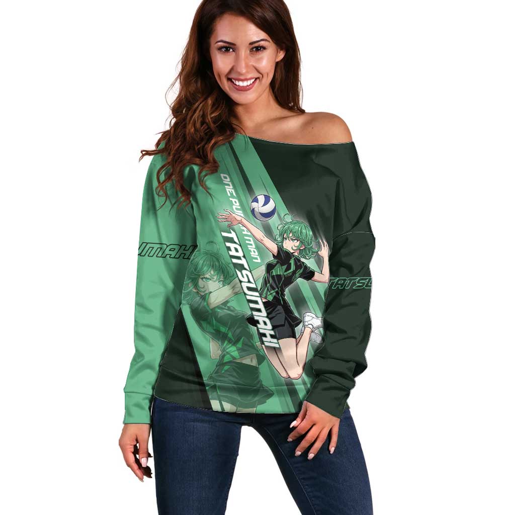 Personalized Tatsumaki Volleyball Design Off Shoulder Sweater with Green Athletic Theme and Energetic Action Pose