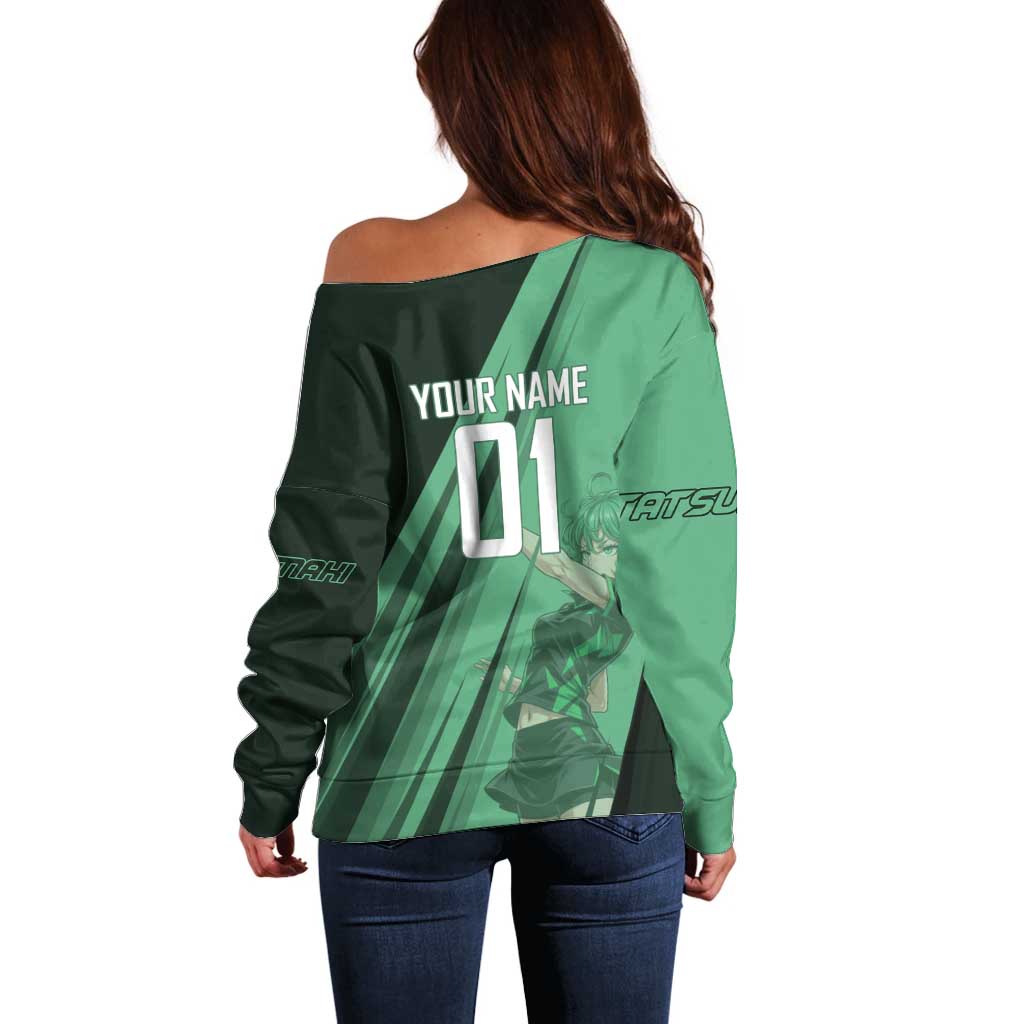 Personalized Tatsumaki Volleyball Design Off Shoulder Sweater with Green Athletic Theme and Energetic Action Pose