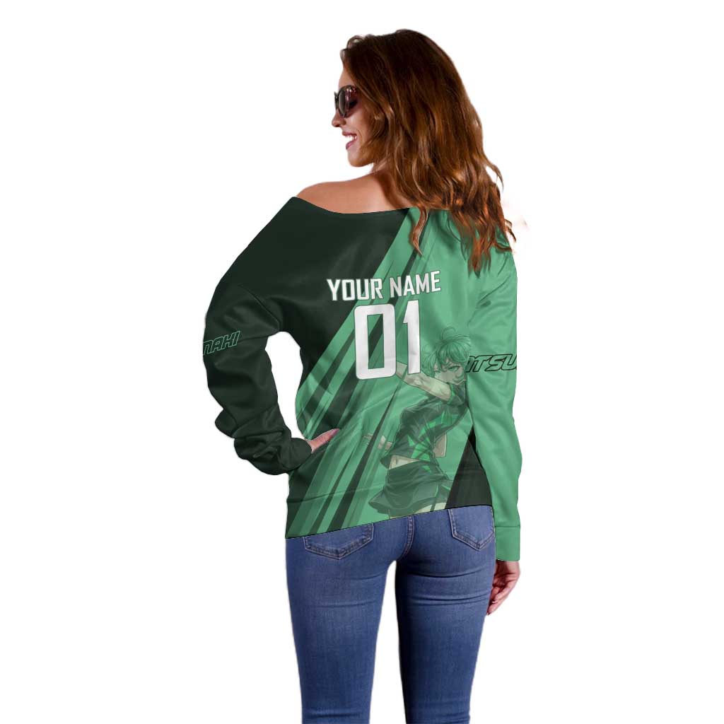 Personalized Tatsumaki Volleyball Design Off Shoulder Sweater with Green Athletic Theme and Energetic Action Pose