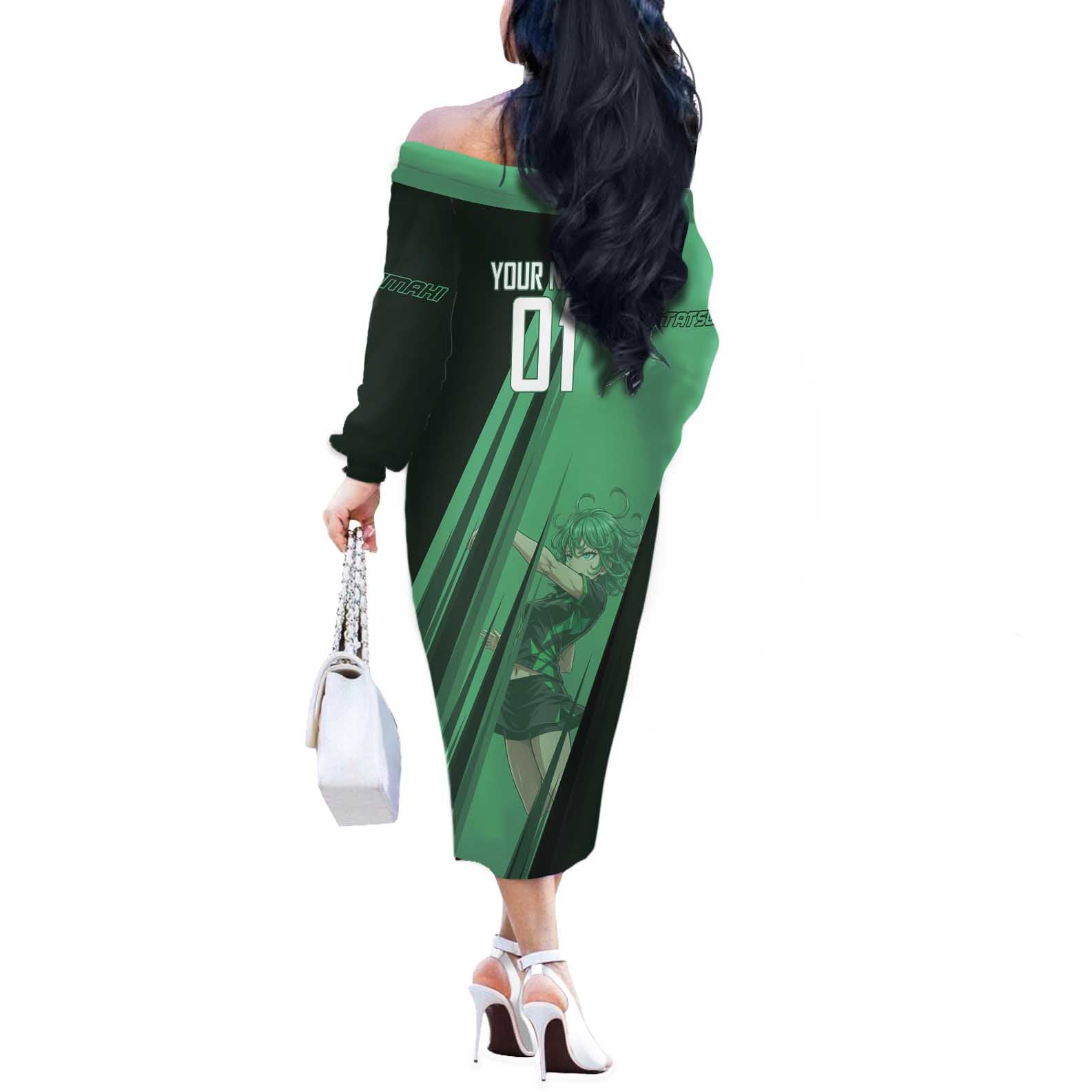 Personalized Tatsumaki Volleyball Design Off The Shoulder Long Sleeve Dress with Green Athletic Theme and Energetic Action Pose