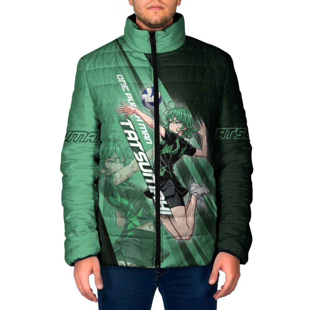 Personalized Tatsumaki Volleyball Design Padded Jacket with Green Athletic Theme and Energetic Action Pose