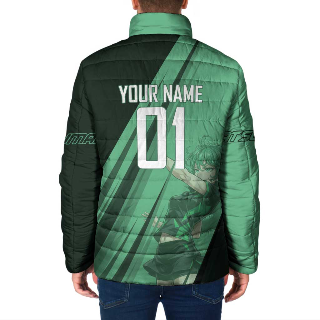 Personalized Tatsumaki Volleyball Design Padded Jacket with Green Athletic Theme and Energetic Action Pose