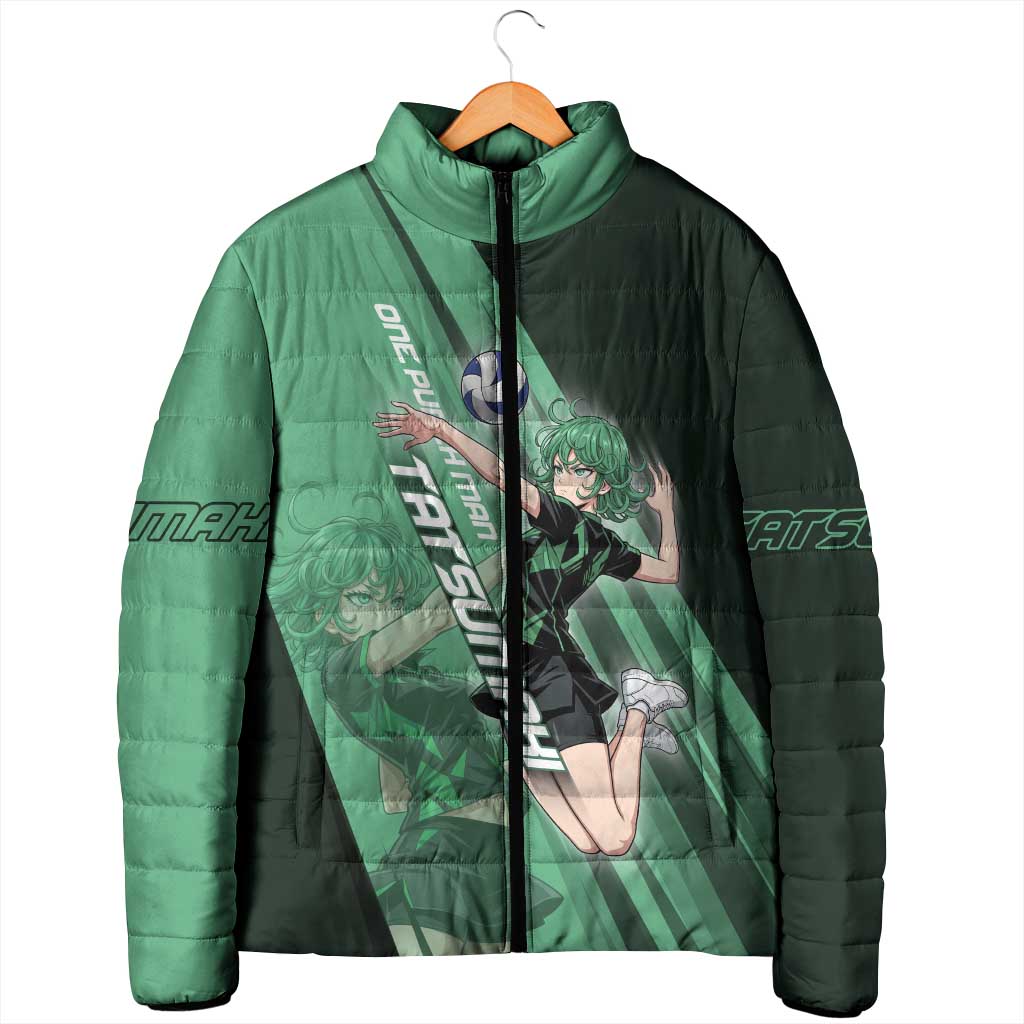 Personalized Tatsumaki Volleyball Design Padded Jacket with Green Athletic Theme and Energetic Action Pose
