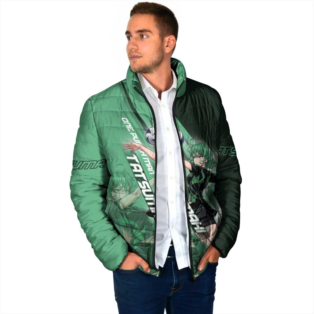 Personalized Tatsumaki Volleyball Design Padded Jacket with Green Athletic Theme and Energetic Action Pose