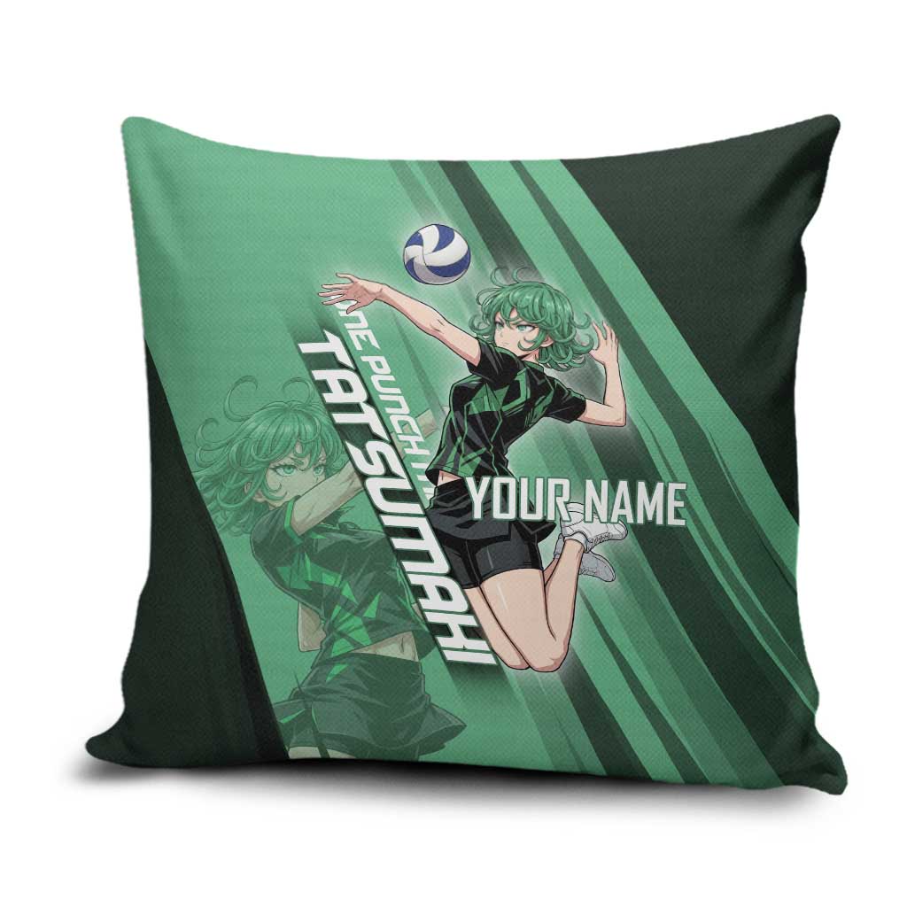 Personalized Tatsumaki Volleyball Design Pillow Cover with Green Athletic Theme and Energetic Action Pose