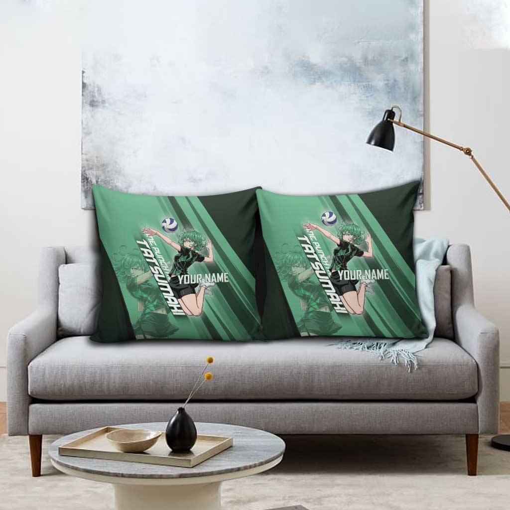 Personalized Tatsumaki Volleyball Design Pillow Cover with Green Athletic Theme and Energetic Action Pose