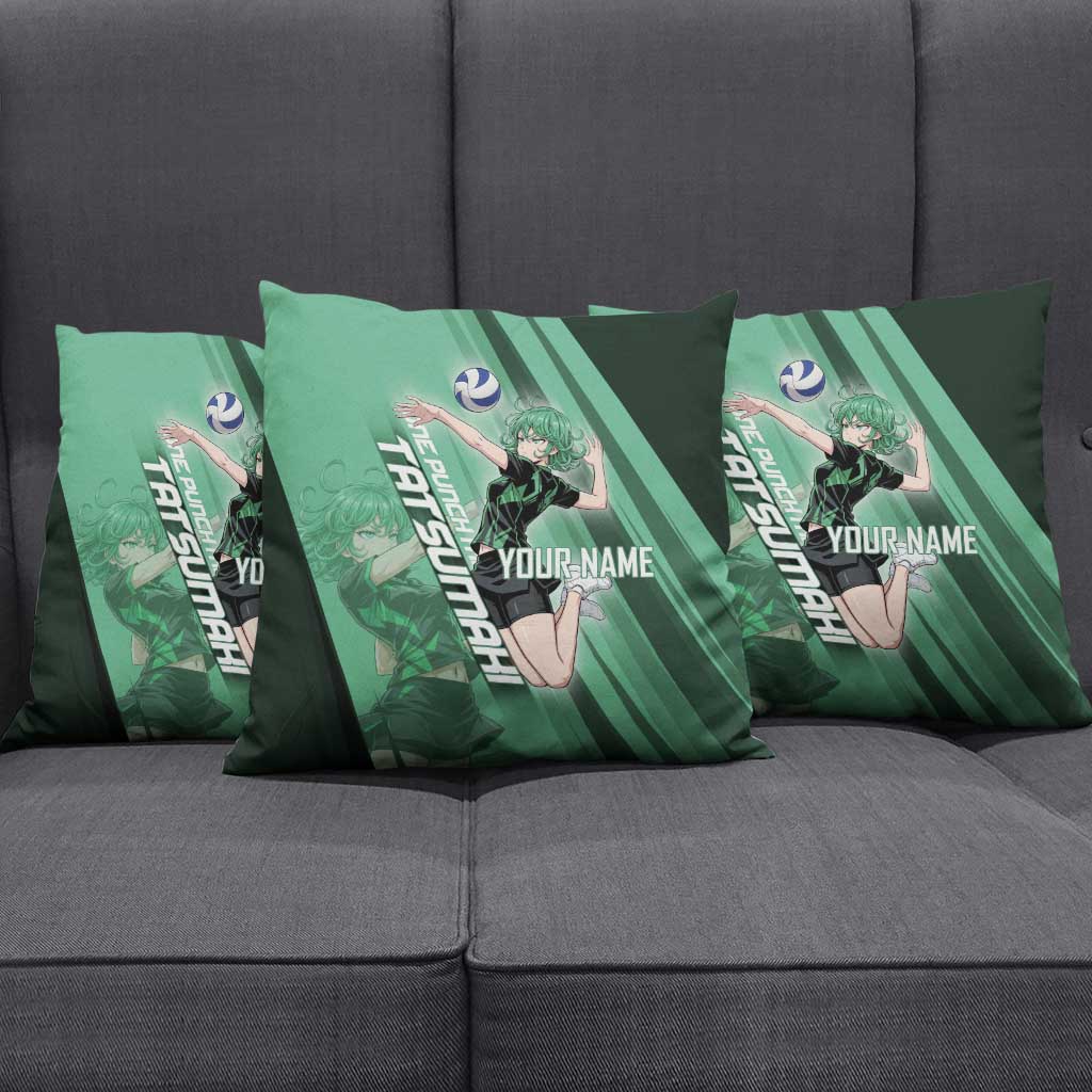 Personalized Tatsumaki Volleyball Design Pillow Cover with Green Athletic Theme and Energetic Action Pose