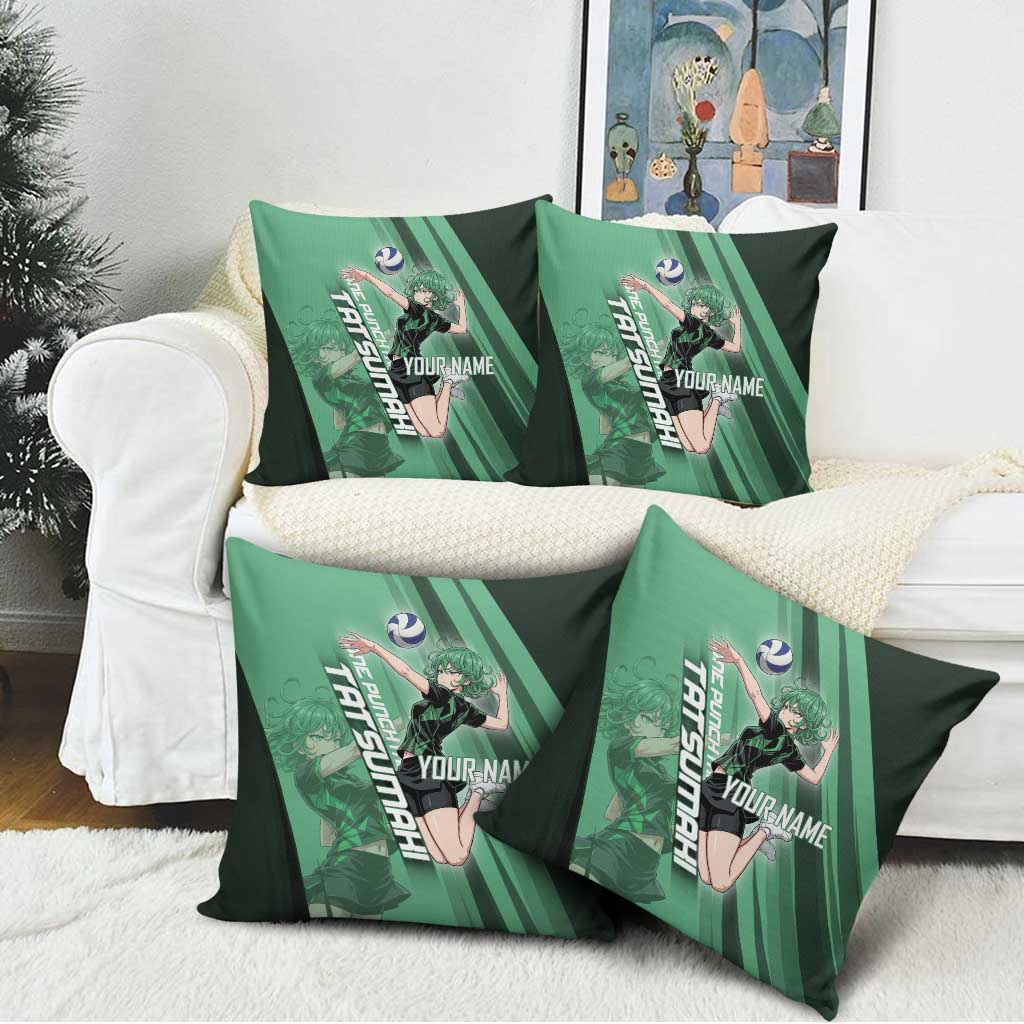 Personalized Tatsumaki Volleyball Design Pillow Cover with Green Athletic Theme and Energetic Action Pose