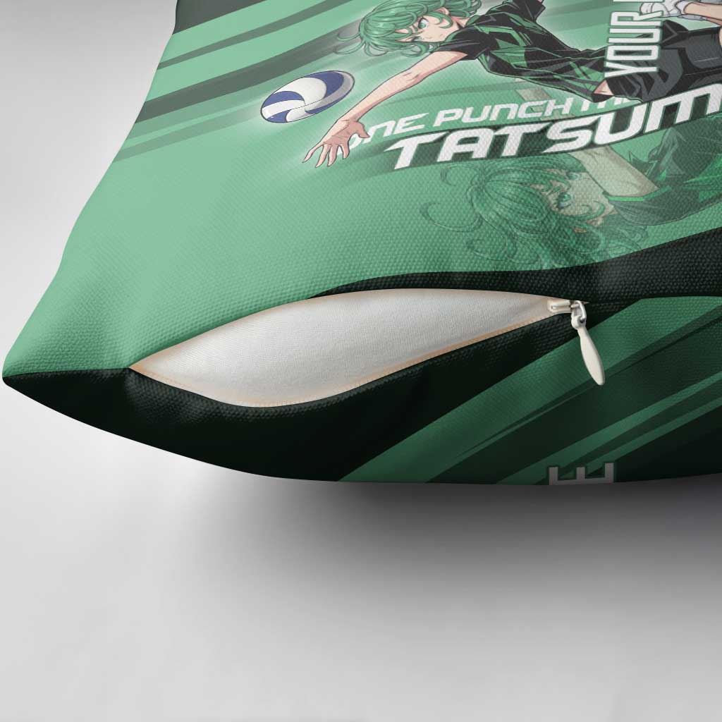 Personalized Tatsumaki Volleyball Design Pillow Cover with Green Athletic Theme and Energetic Action Pose
