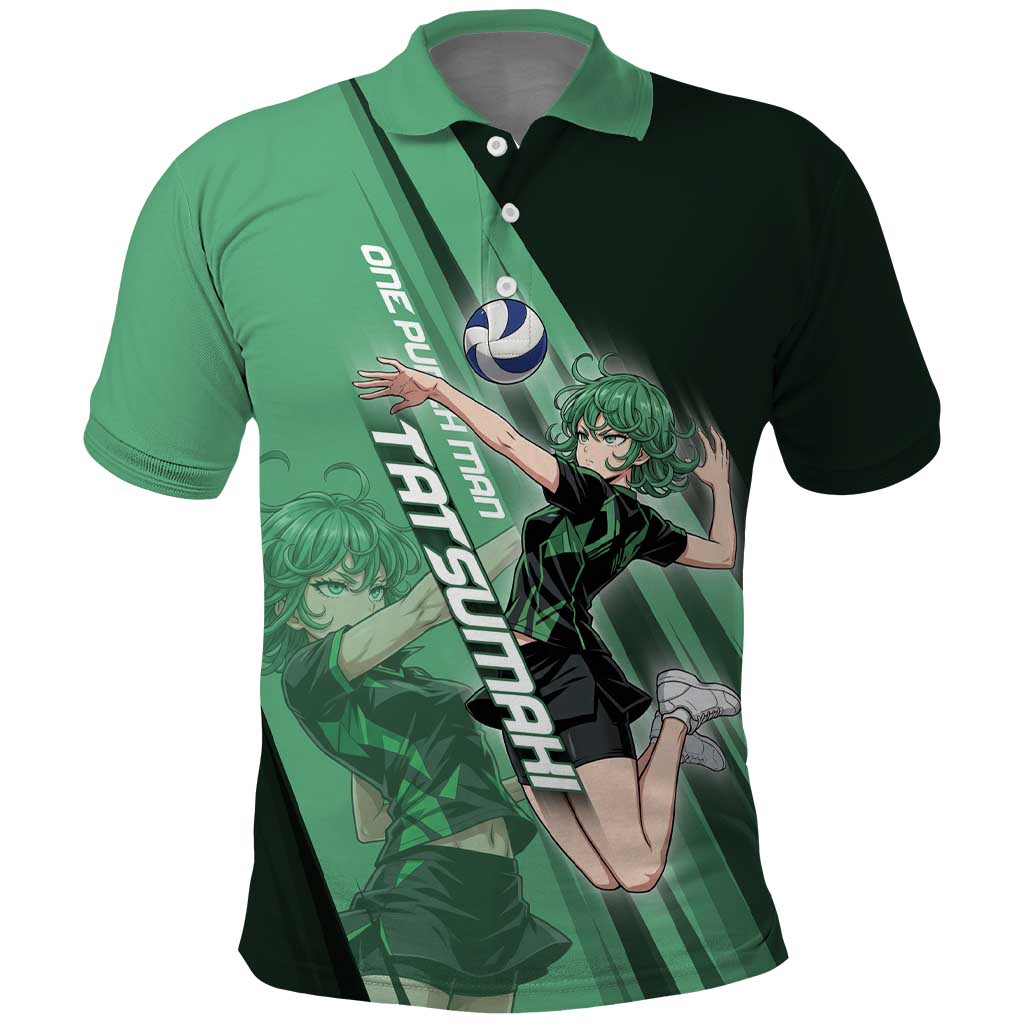 Personalized Tatsumaki Volleyball Design Polo Shirt with Green Athletic Theme and Energetic Action Pose