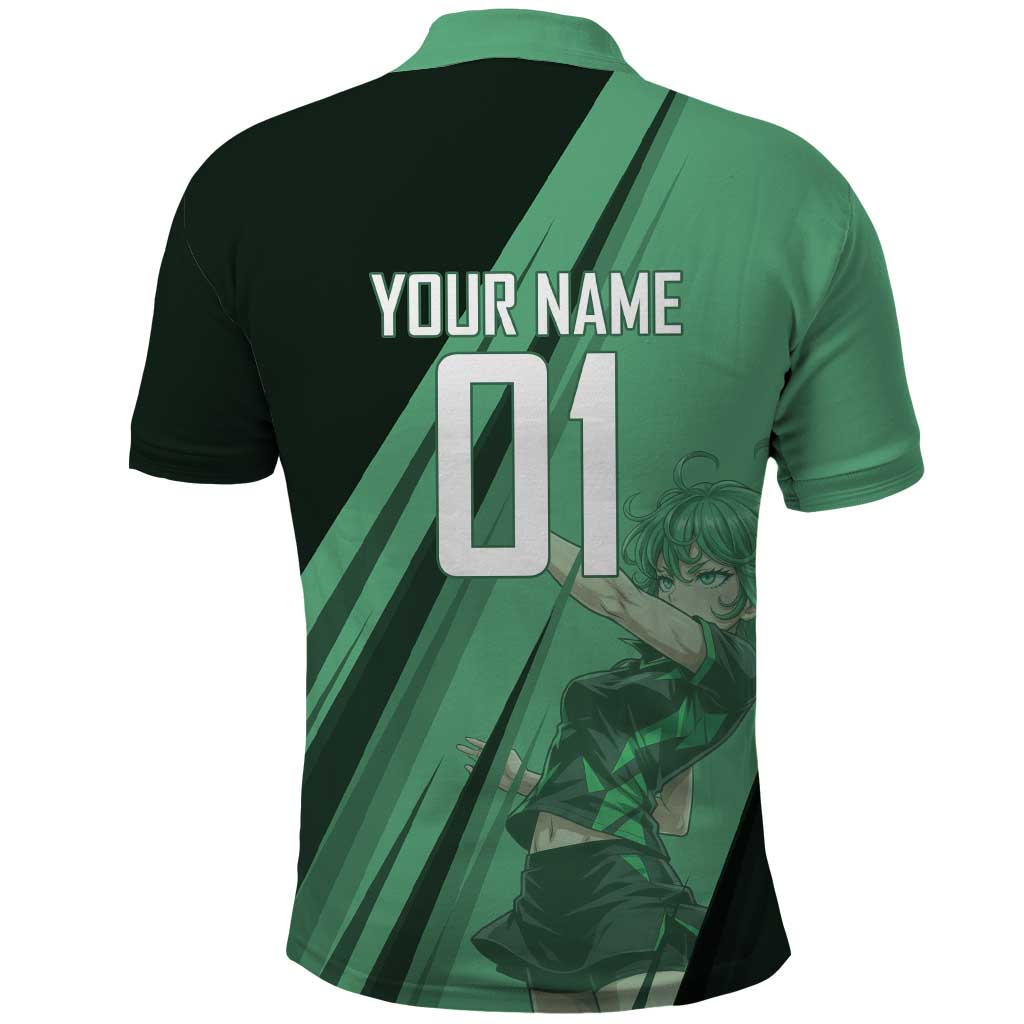Personalized Tatsumaki Volleyball Design Polo Shirt with Green Athletic Theme and Energetic Action Pose