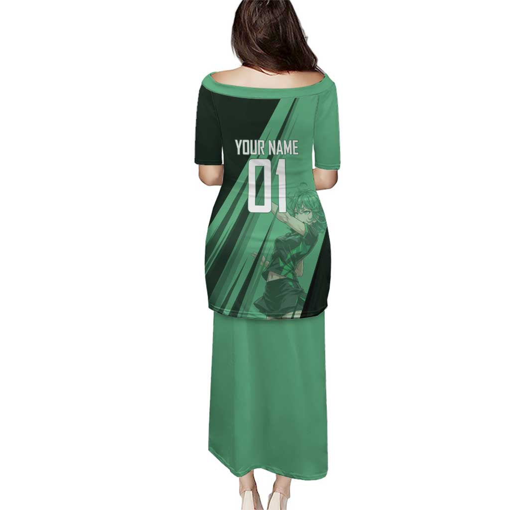 Personalized Tatsumaki Volleyball Design Puletasi with Green Athletic Theme and Energetic Action Pose