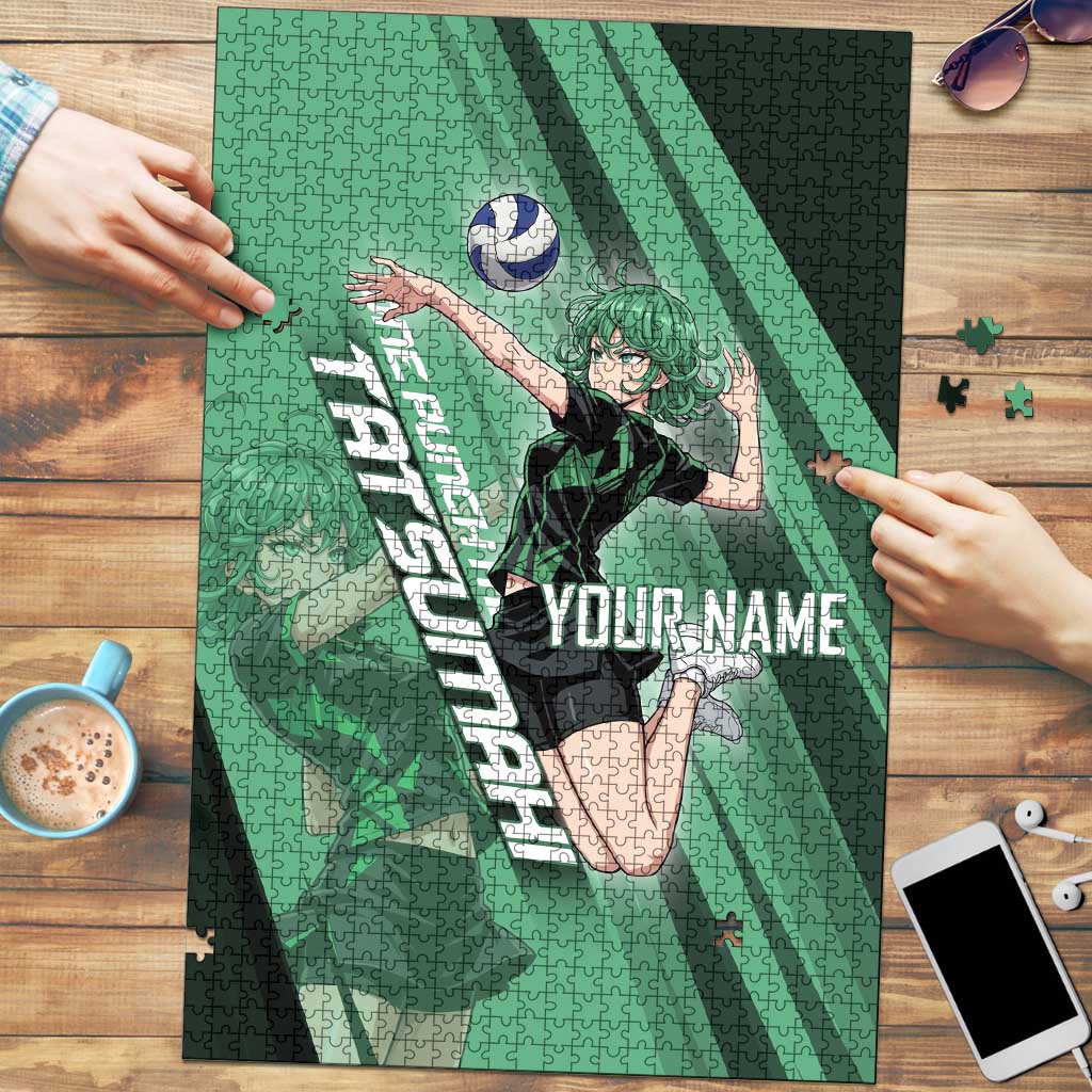 Personalized Tatsumaki Volleyball Design Puzzle with Green Athletic Theme and Energetic Action Pose
