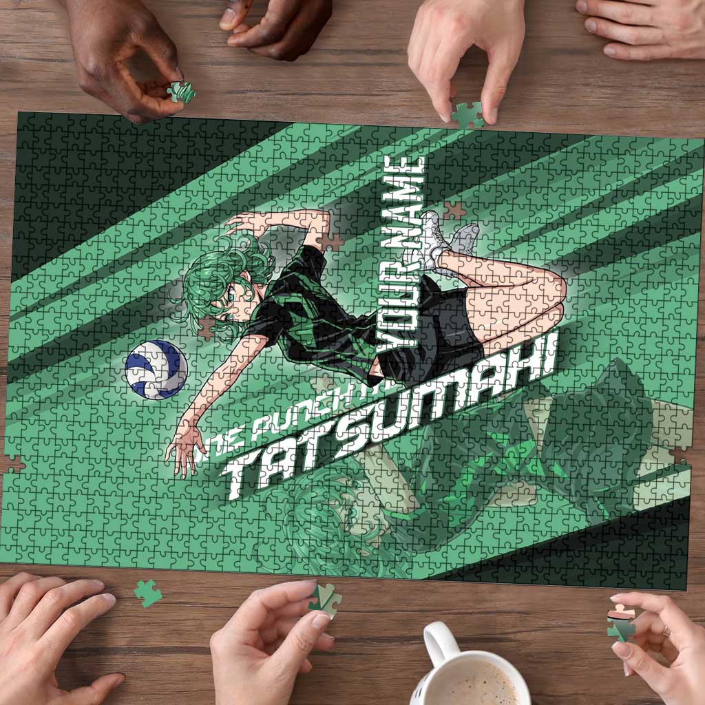 Personalized Tatsumaki Volleyball Design Puzzle with Green Athletic Theme and Energetic Action Pose