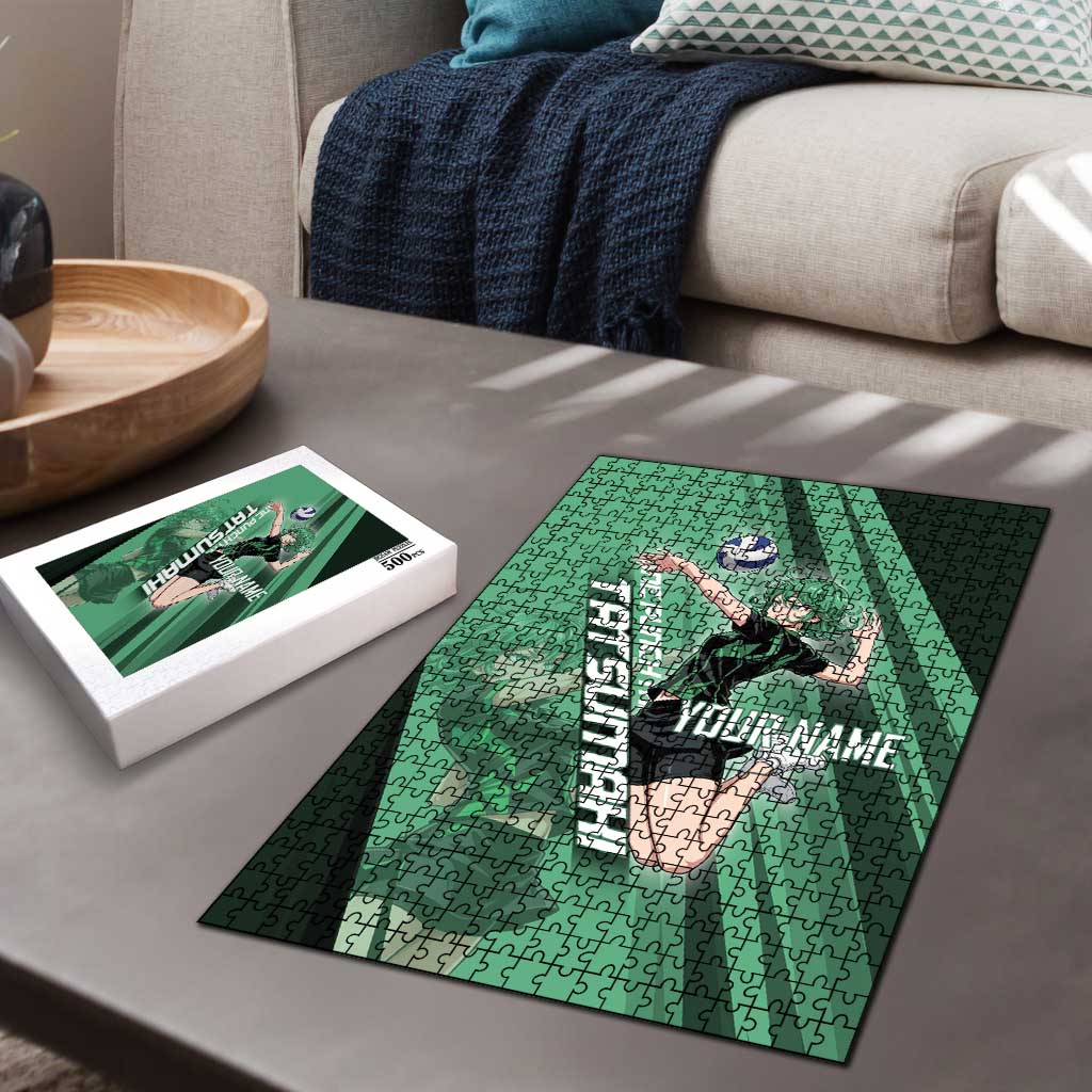 Personalized Tatsumaki Volleyball Design Puzzle with Green Athletic Theme and Energetic Action Pose