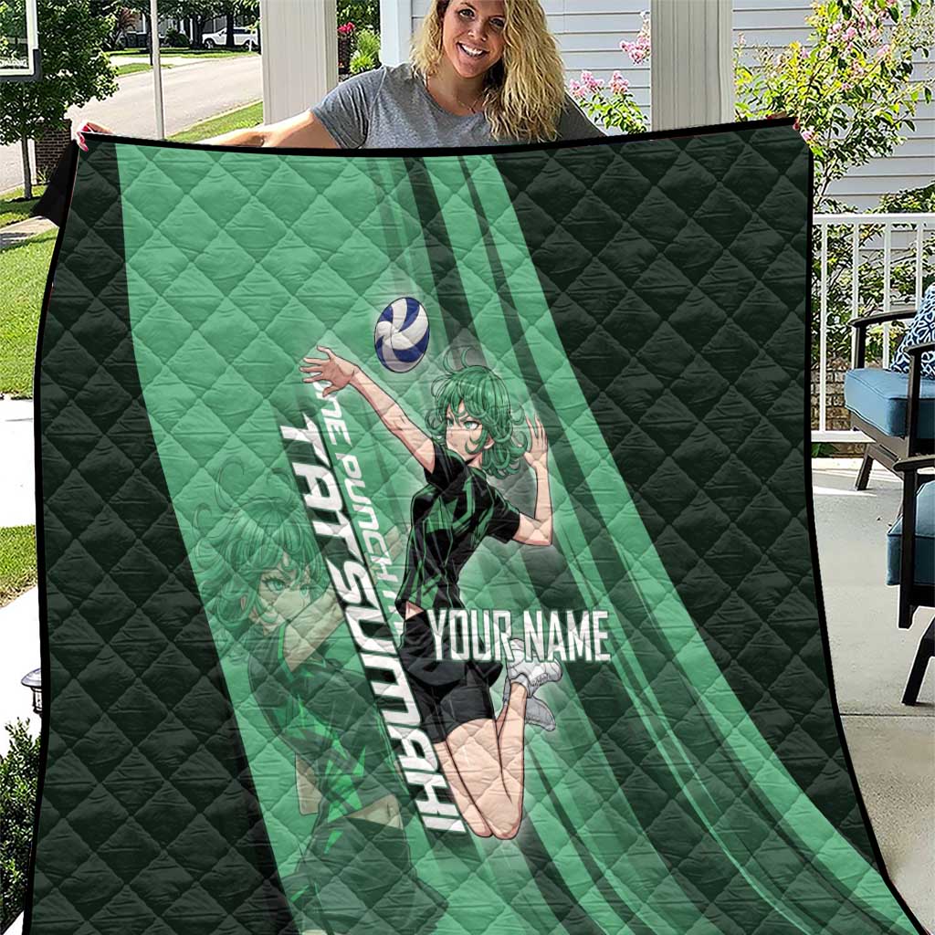 Personalized Tatsumaki Volleyball Design Quilt with Green Athletic Theme and Energetic Action Pose