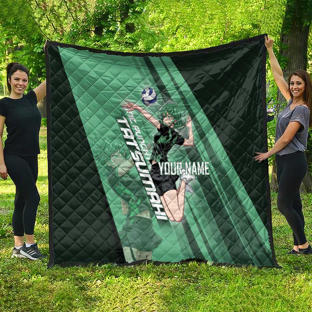 Personalized Tatsumaki Volleyball Design Quilt with Green Athletic Theme and Energetic Action Pose