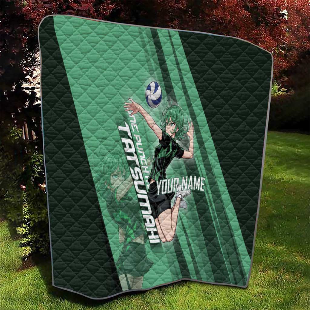 Personalized Tatsumaki Volleyball Design Quilt with Green Athletic Theme and Energetic Action Pose