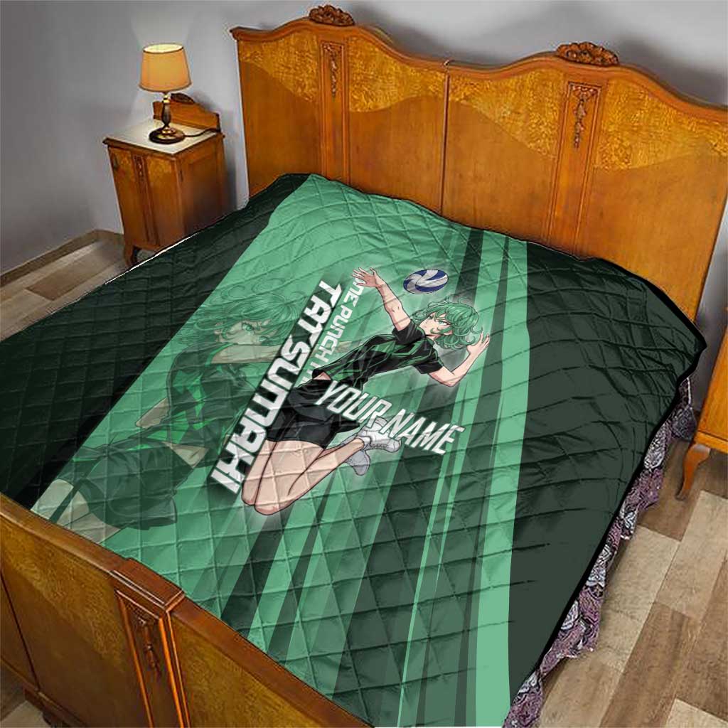 Personalized Tatsumaki Volleyball Design Quilt with Green Athletic Theme and Energetic Action Pose