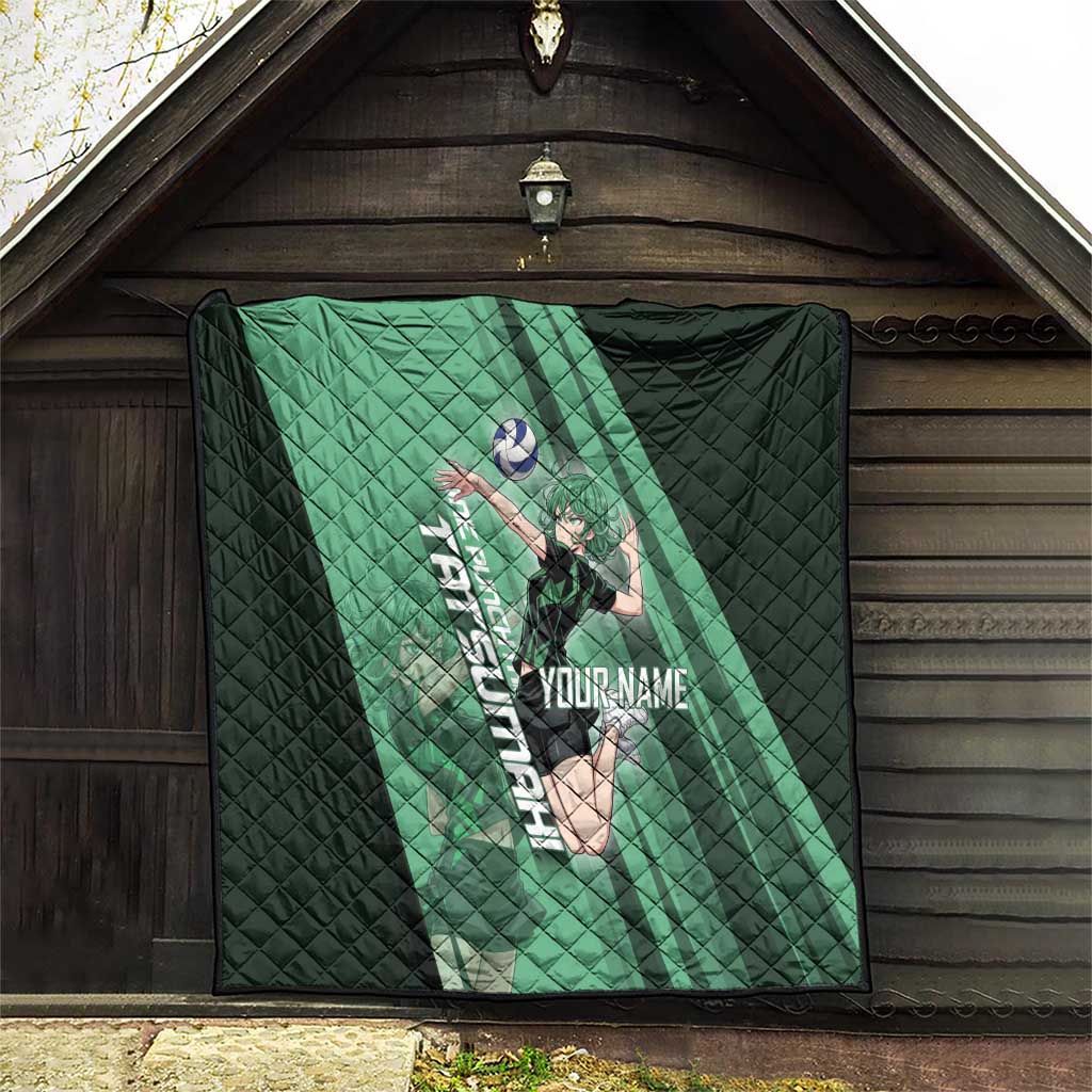 Personalized Tatsumaki Volleyball Design Quilt with Green Athletic Theme and Energetic Action Pose