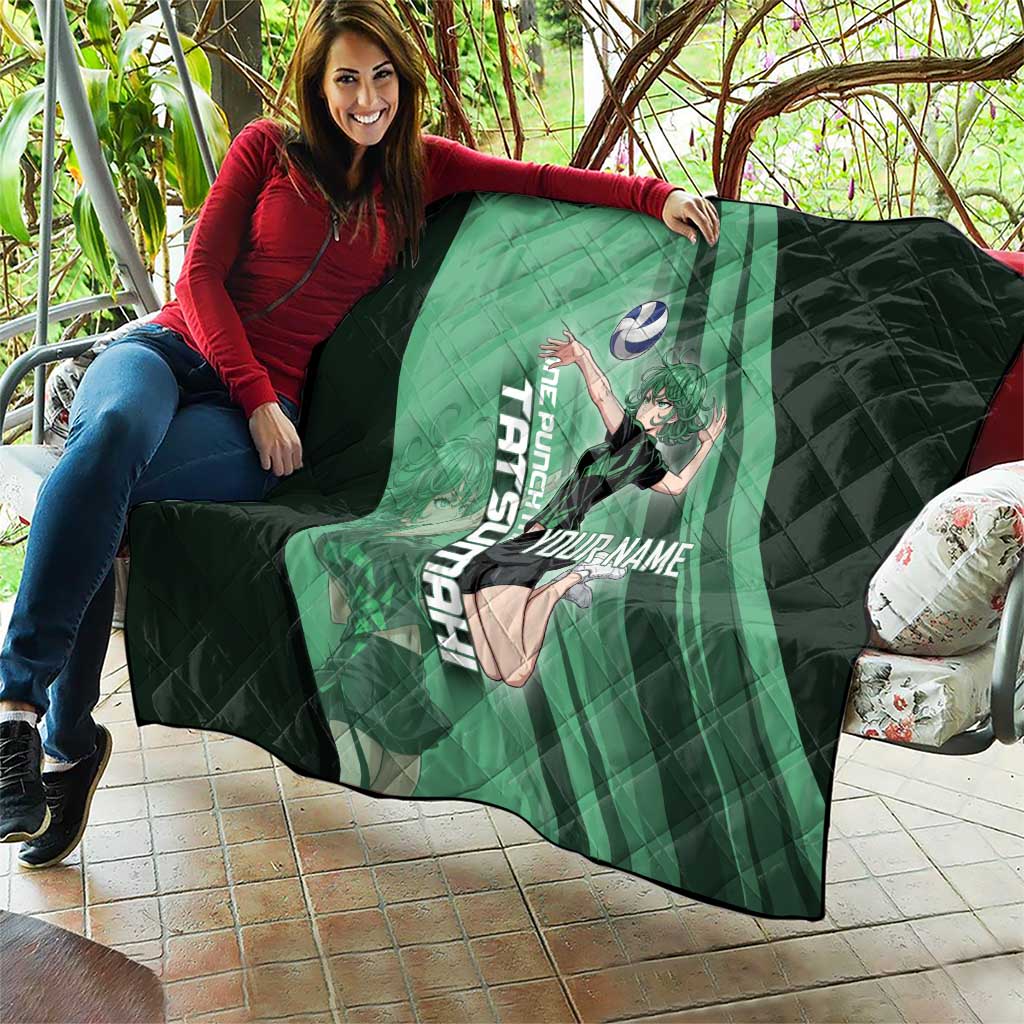 Personalized Tatsumaki Volleyball Design Quilt with Green Athletic Theme and Energetic Action Pose