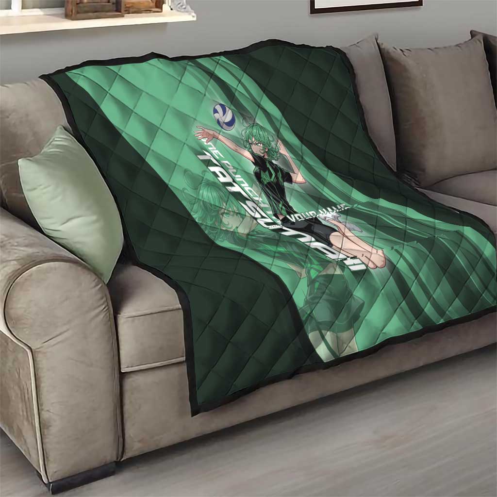 Personalized Tatsumaki Volleyball Design Quilt with Green Athletic Theme and Energetic Action Pose