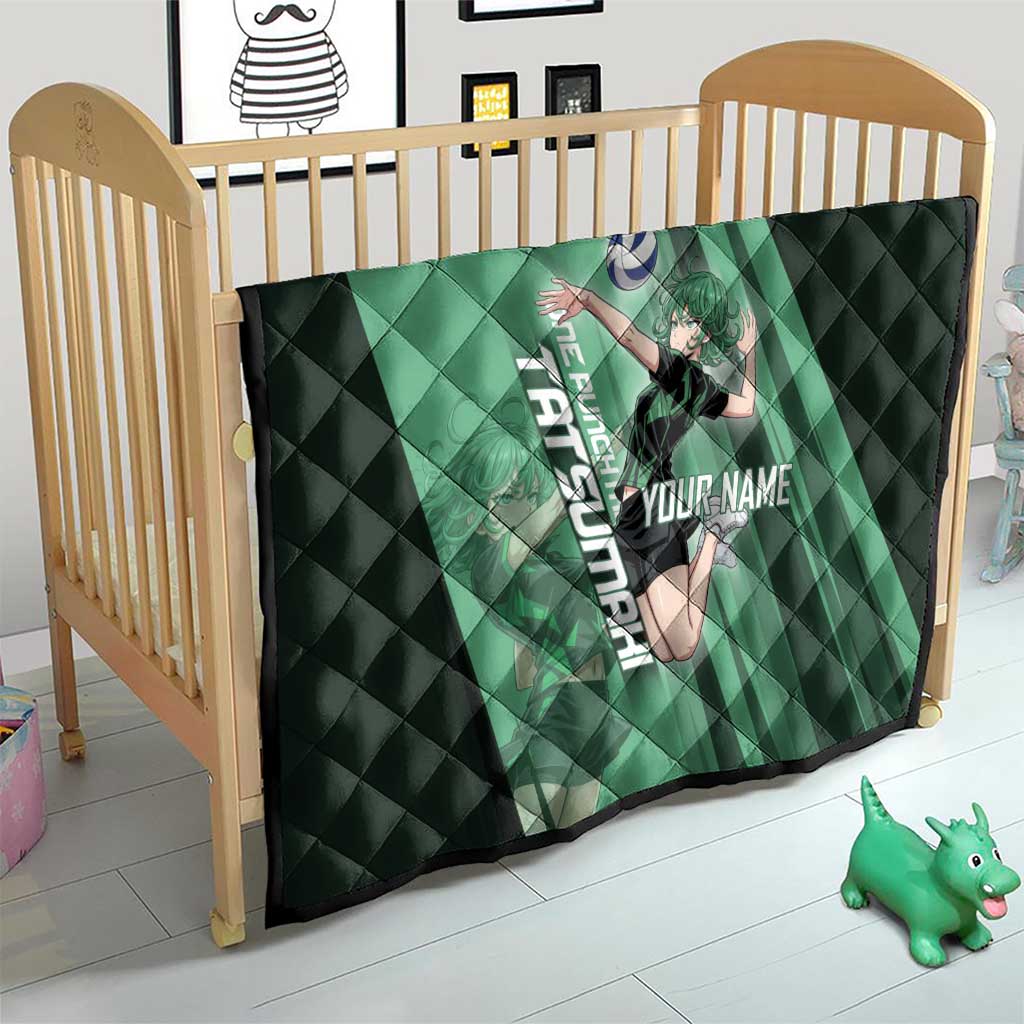 Personalized Tatsumaki Volleyball Design Quilt with Green Athletic Theme and Energetic Action Pose