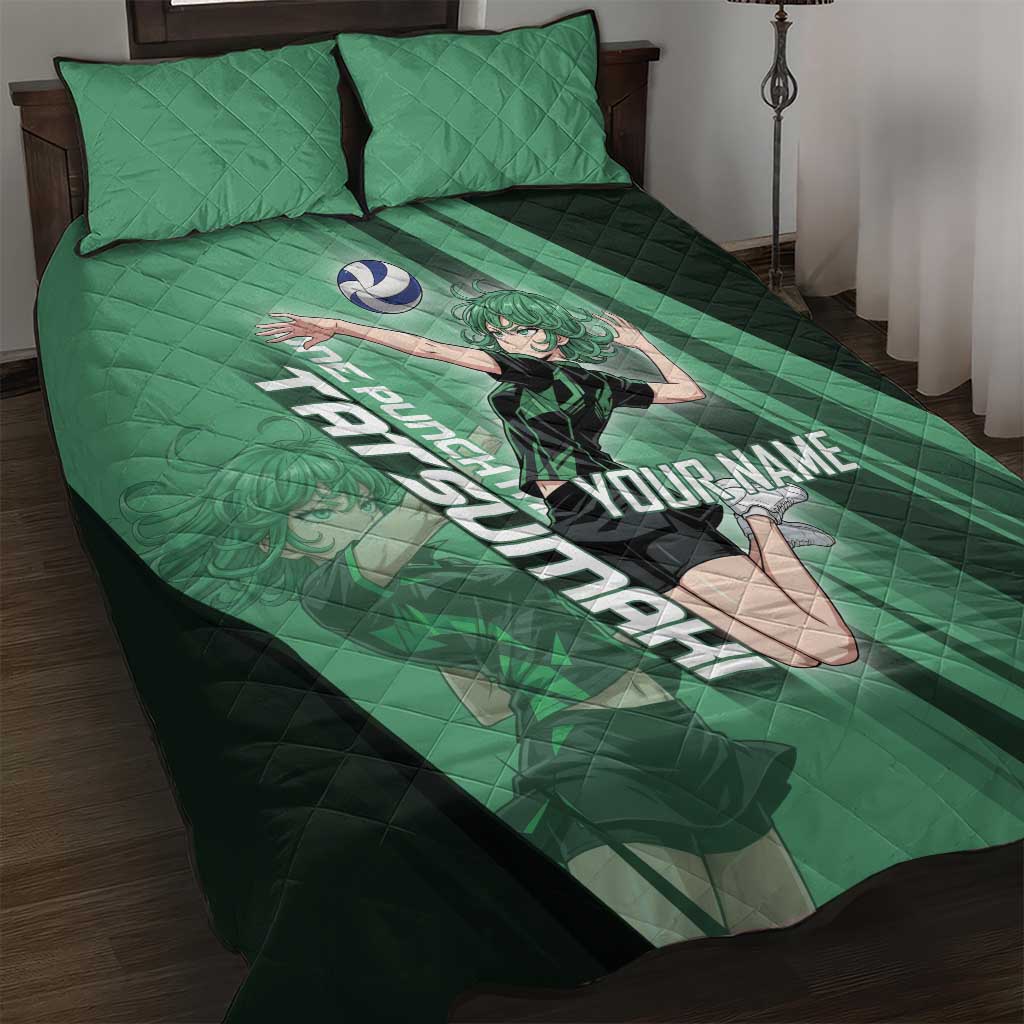 Personalized Tatsumaki Volleyball Design Quilt Bed Set with Green Athletic Theme and Energetic Action Pose