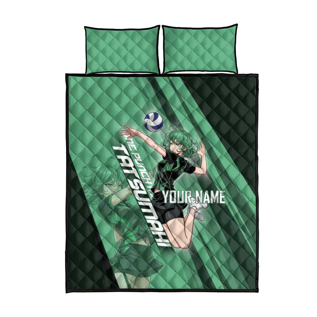 Personalized Tatsumaki Volleyball Design Quilt Bed Set with Green Athletic Theme and Energetic Action Pose