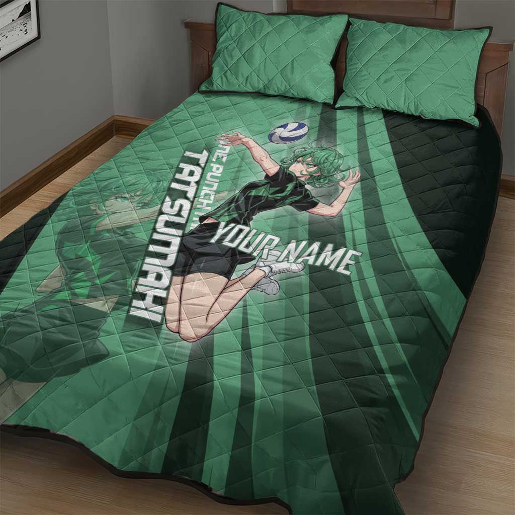 Personalized Tatsumaki Volleyball Design Quilt Bed Set with Green Athletic Theme and Energetic Action Pose