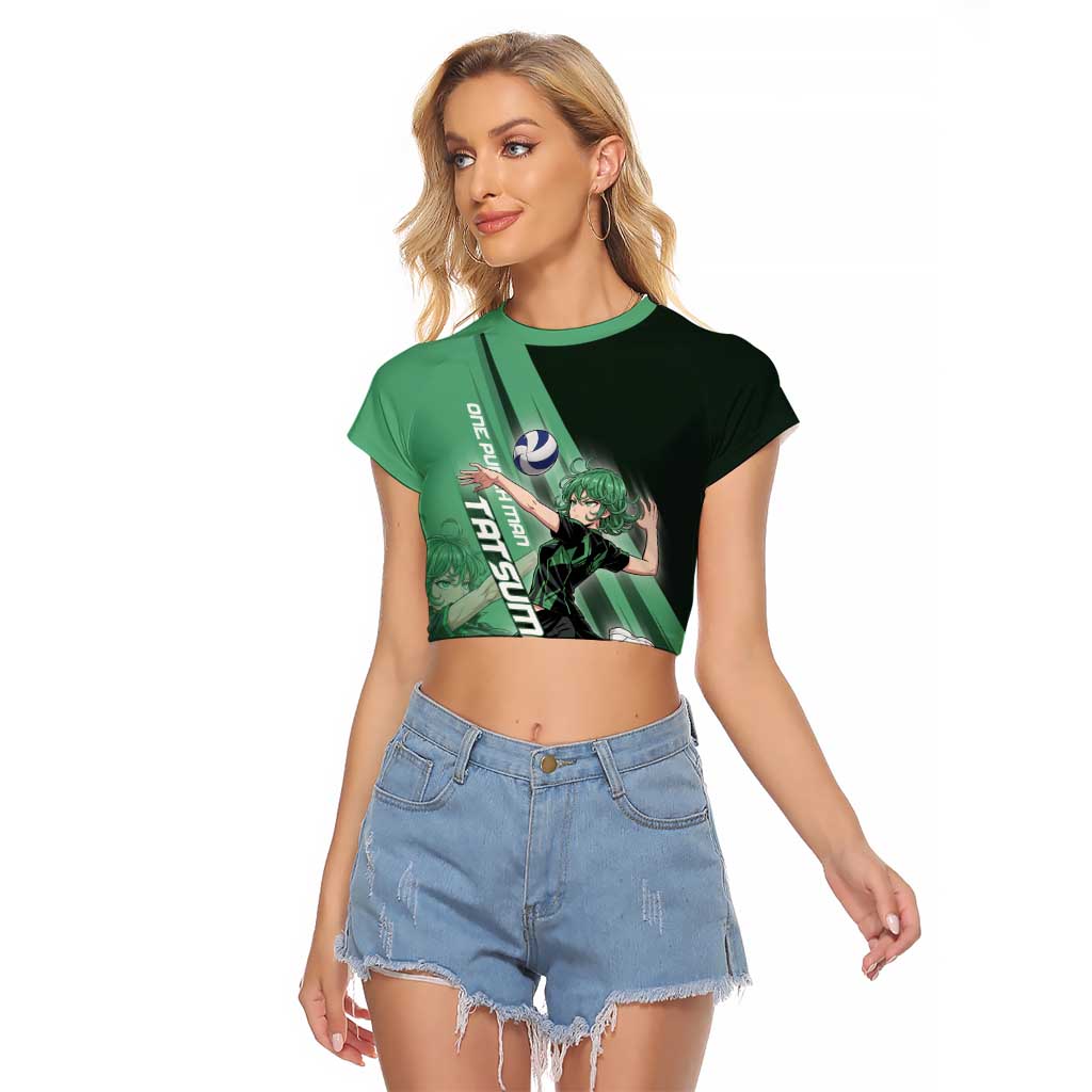 Personalized Tatsumaki Volleyball Design Raglan Cropped T Shirt with Green Athletic Theme and Energetic Action Pose