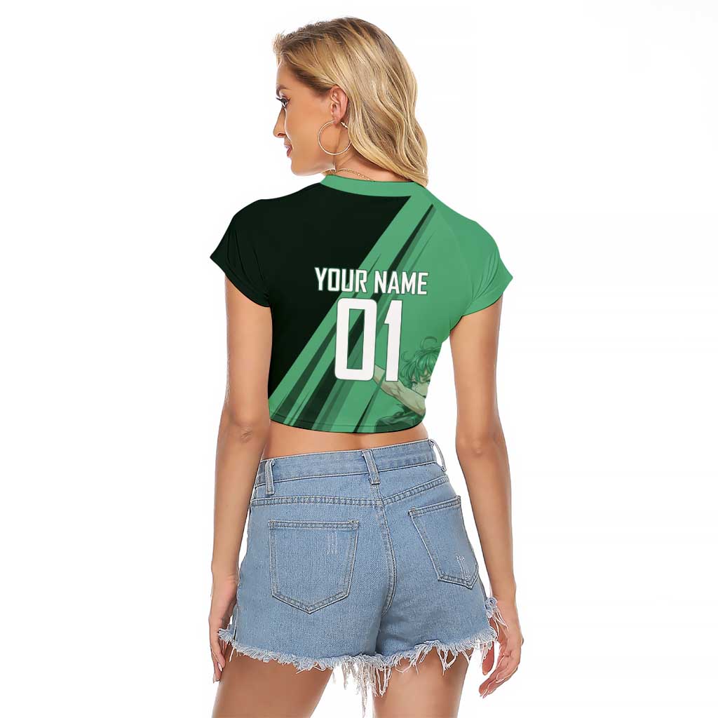 Personalized Tatsumaki Volleyball Design Raglan Cropped T Shirt with Green Athletic Theme and Energetic Action Pose