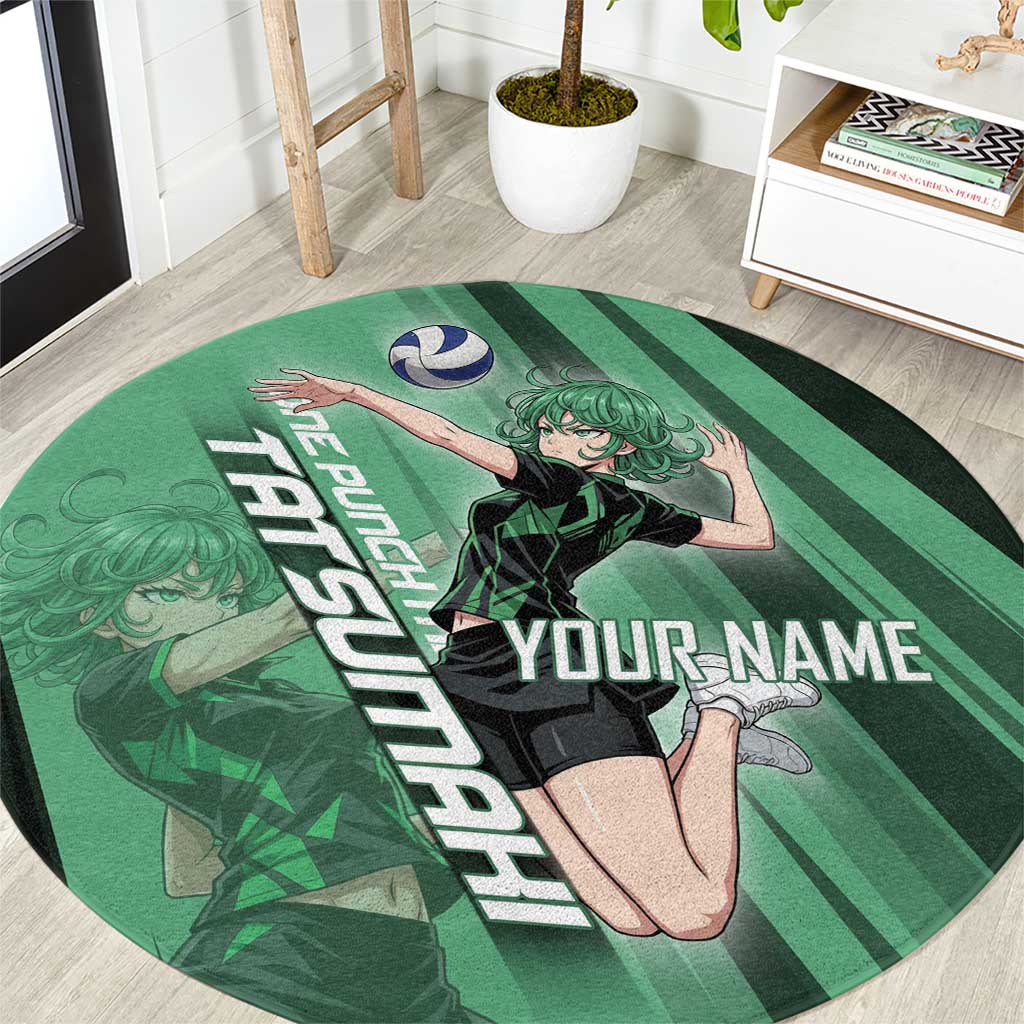 Personalized Tatsumaki Volleyball Design Round Carpet with Green Athletic Theme and Energetic Action Pose