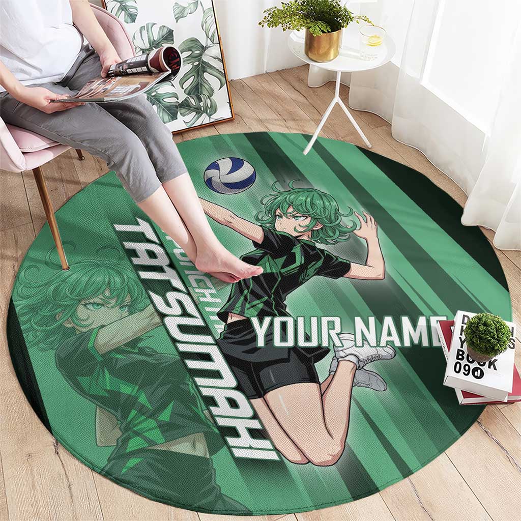 Personalized Tatsumaki Volleyball Design Round Carpet with Green Athletic Theme and Energetic Action Pose