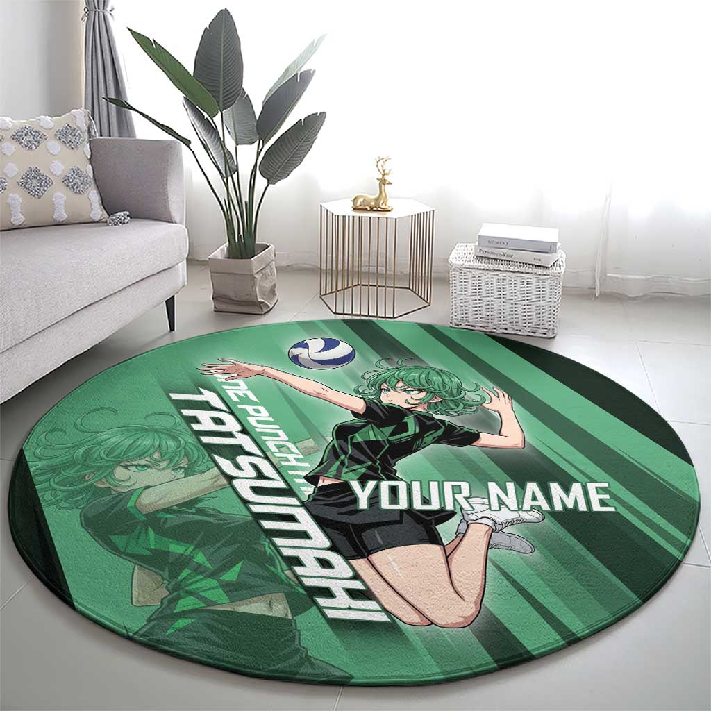 Personalized Tatsumaki Volleyball Design Round Carpet with Green Athletic Theme and Energetic Action Pose