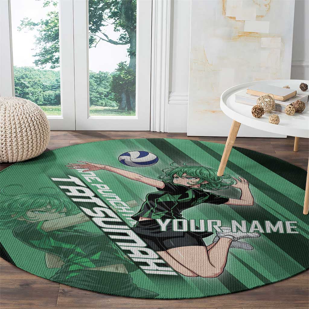 Personalized Tatsumaki Volleyball Design Round Carpet with Green Athletic Theme and Energetic Action Pose