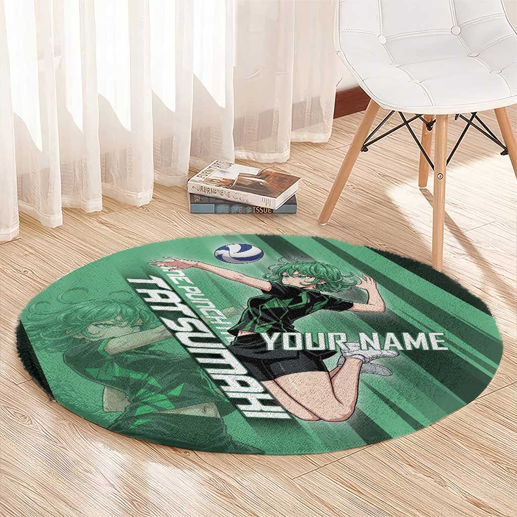Personalized Tatsumaki Volleyball Design Round Carpet with Green Athletic Theme and Energetic Action Pose