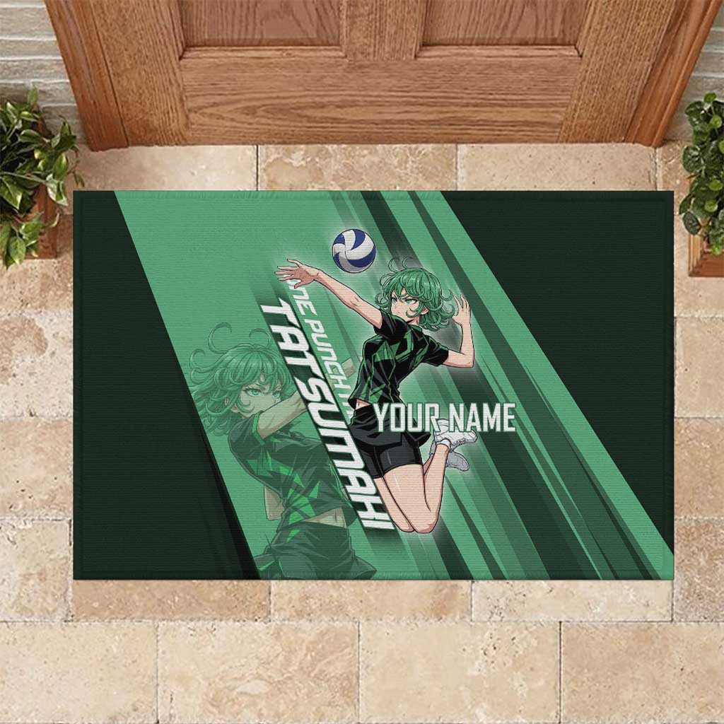 Personalized Tatsumaki Volleyball Design Rubber Doormat with Green Athletic Theme and Energetic Action Pose