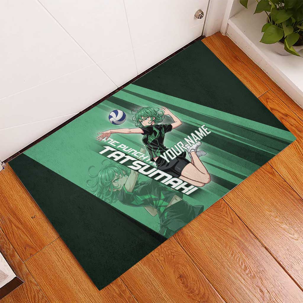 Personalized Tatsumaki Volleyball Design Rubber Doormat with Green Athletic Theme and Energetic Action Pose